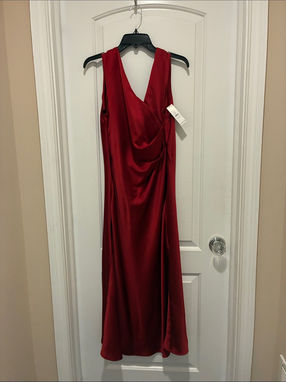 White House Black Market Red Satin Drape V-Neck Maxi Dress
